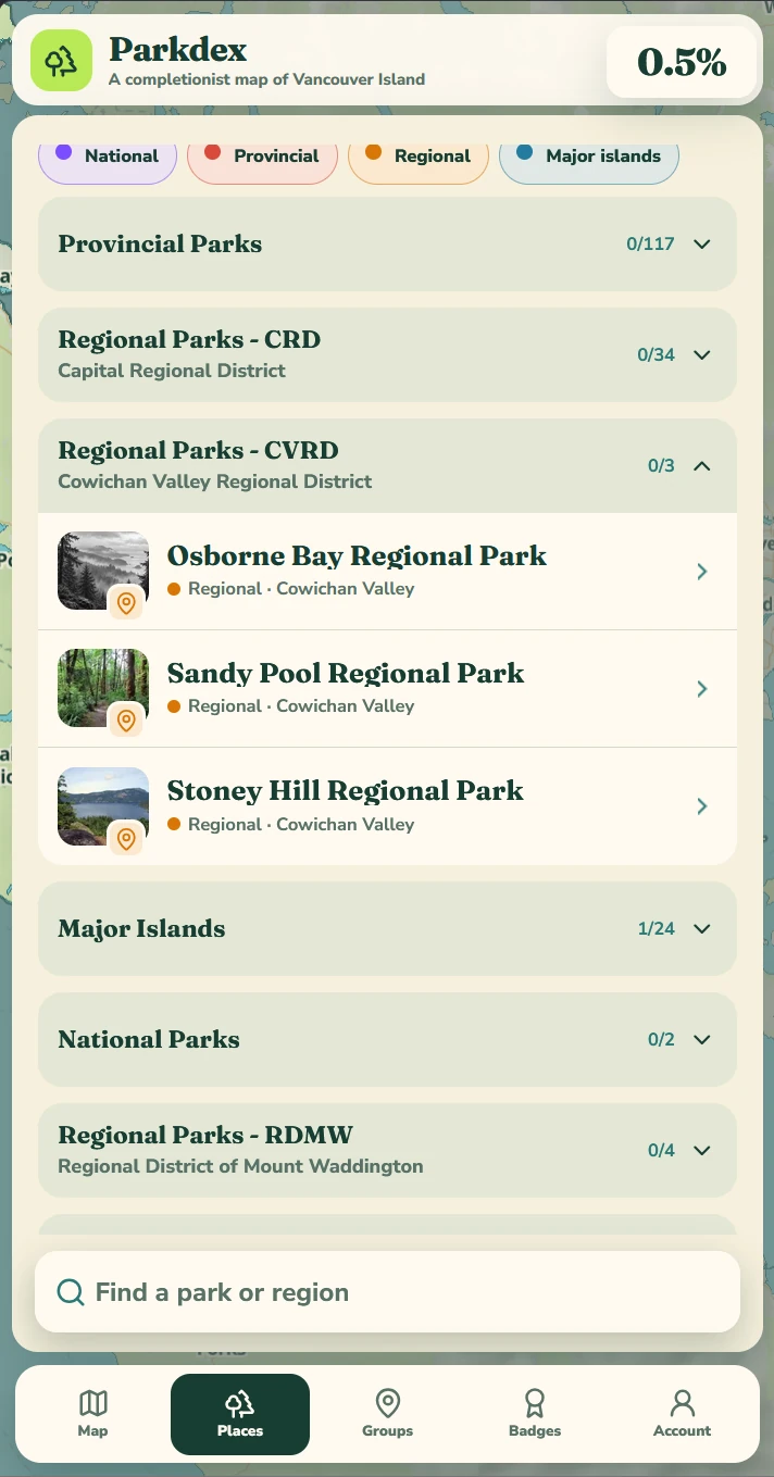 Parkdex places checklist with Cowichan Valley parks expanded