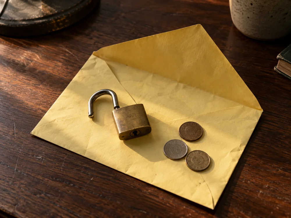 Conceptual still life of an open yellow envelope, an unlocked padlock, and coins for Doxxme
