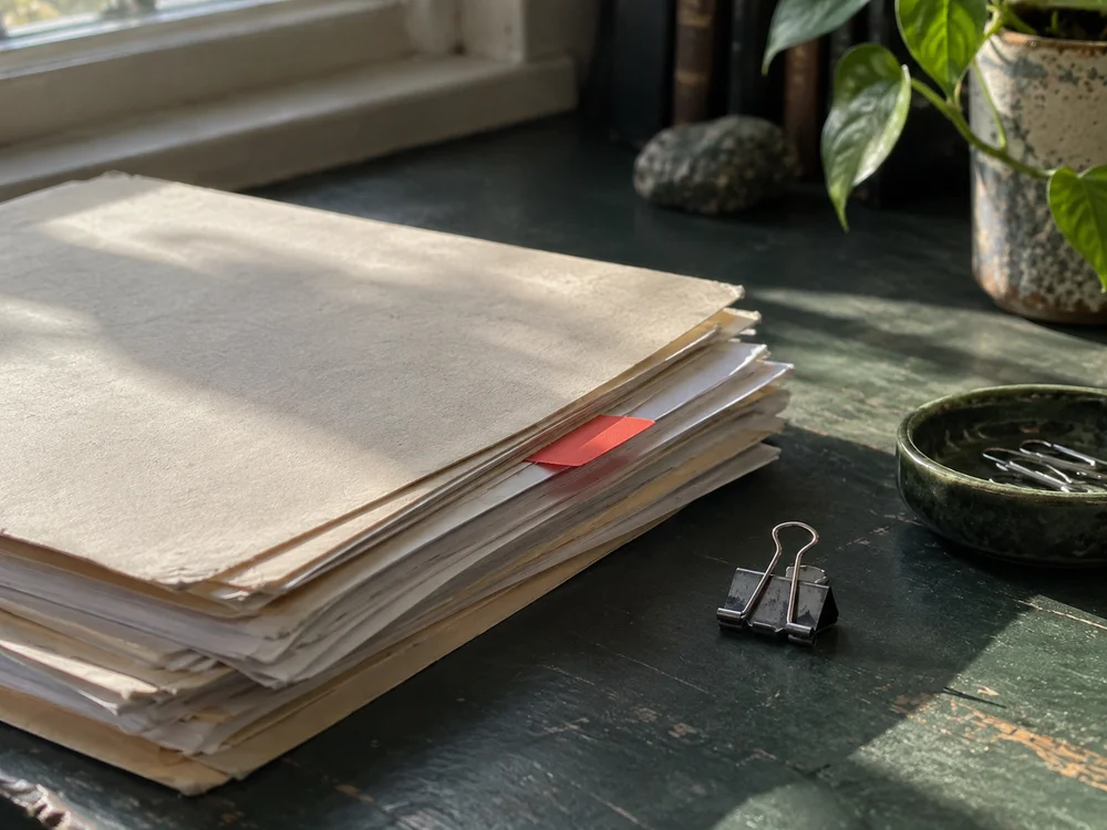 Conceptual still life of blank folders, a red index tab, and a binder clip for Go Fetch